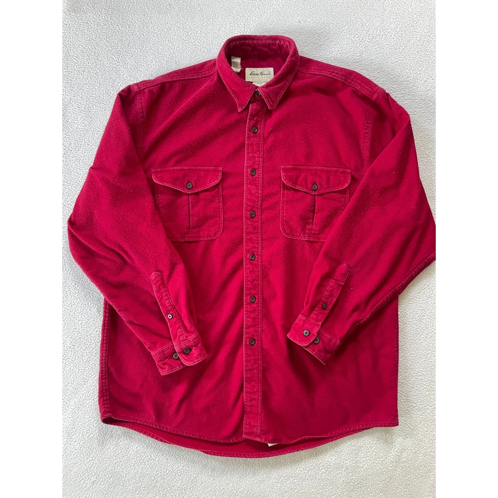90s Vintage  Eddie Bauer Mens Large Button Down Chamois Shirt Red Cotton Thick